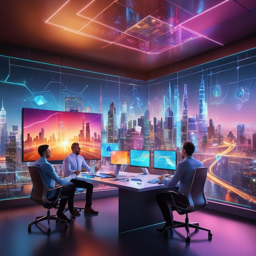 A dynamic workspace showcasing passionate IT professionals brainstorming over futuristic tech solutions, with vibrant holographic interfaces displaying data and innovation. The scene should evoke inspiration and dedication, featuring a backdrop of a bustling city skyline symbolizing growth. Use bright, warm colors to convey a sense of energy and optimism. super-realistic. vibrant colors. 3D.
