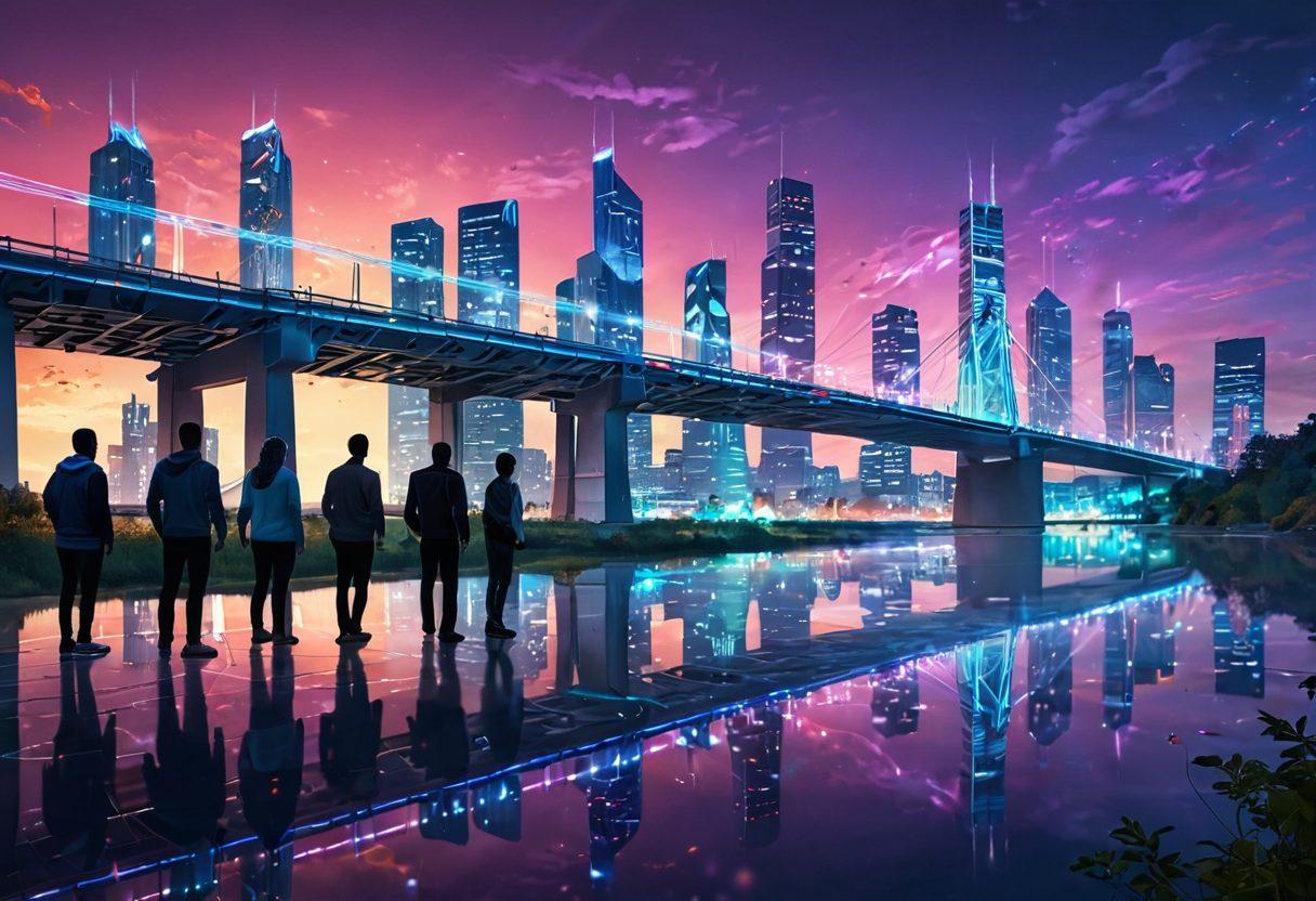 A futuristic scene depicting a bridge made of digital circuits and lights, symbolizing the connection between emotions and technology. In the foreground, diverse individuals are interacting with holographic interfaces, showcasing collaboration and innovation. The background features a skyline of modern architecture with elements of nature integrated, representing harmony between tech and human feelings. Warm, vibrant colors evoke a sense of positivity and collaboration. super-realistic. vibrant colors. digital art.